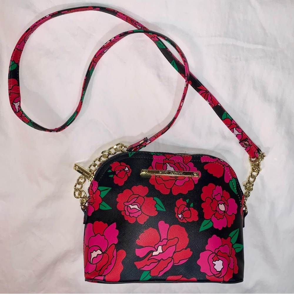 Betsey Johnson Dome Top Crossbody Bag in Pink/Red/Black Floral.